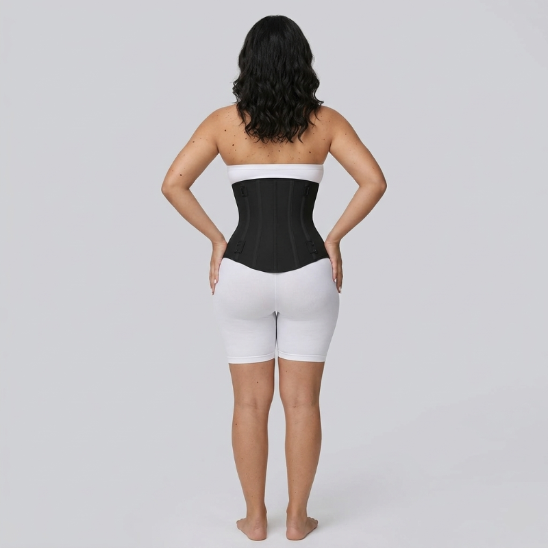 Person wearing a black waist trainer and white shorts on a gray background